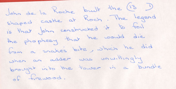 Information about the de la Roche myth and the vipers bite Llangwm Pembrokeshire